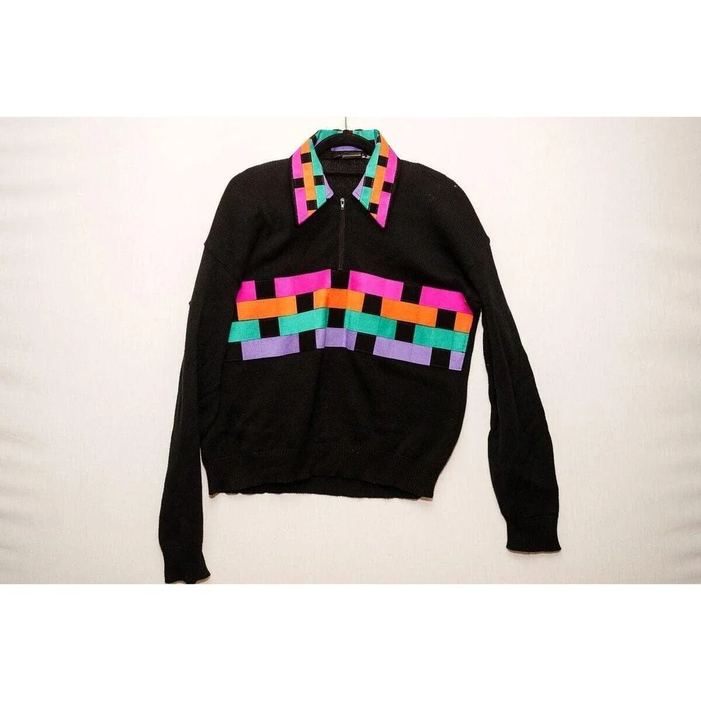 Vintage Black sweater leather collar accents RSB M unisex Cotton USA pastel